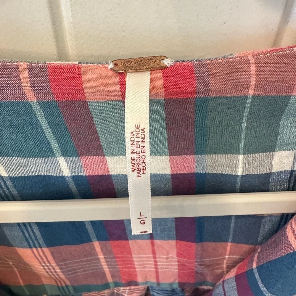 Free People Molly Ruffle Plaid Top Shirt Blouse Size Large EUC